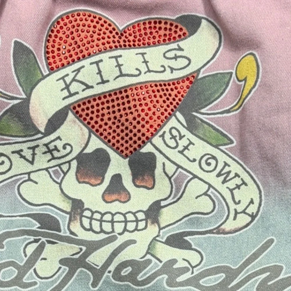 Ed Hardy Love Kills Slowly Ombre Drawstring Backpack Rhinestone Skull Pink Blue
